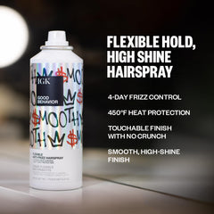 IGK Good Behavior spray nozzle showing even application for styling.