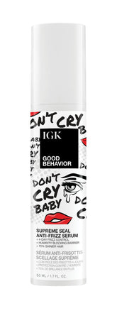 IGK Good Behavior serum bottle closeup highlighting shine and finish.