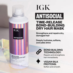 IGK ANTISOCIAL dry hair mask nourishes without water for travel touch-ups.