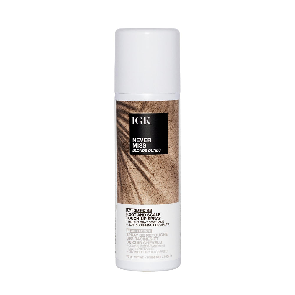 IGK NEVER MISS root coverage spray bottle for dark blonde shade and quick touch-ups.