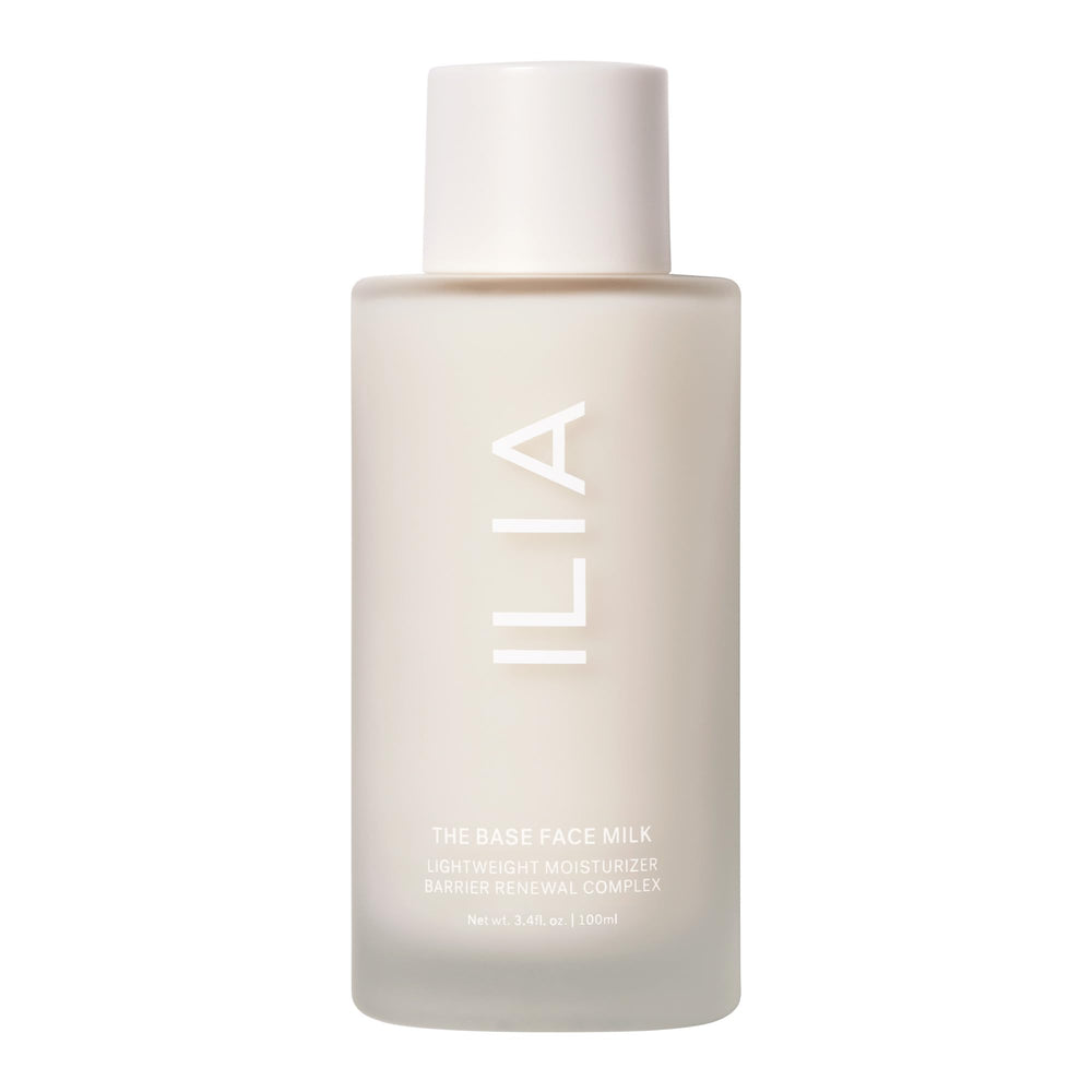 ILIA The Base Face Milk bottle demonstrates a lightweight, hydrating formula.