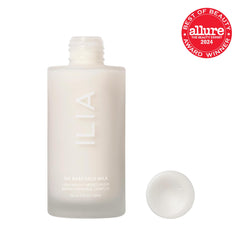 ILIA Base Face Milk label emphasizes vegan and clean skincare messaging.