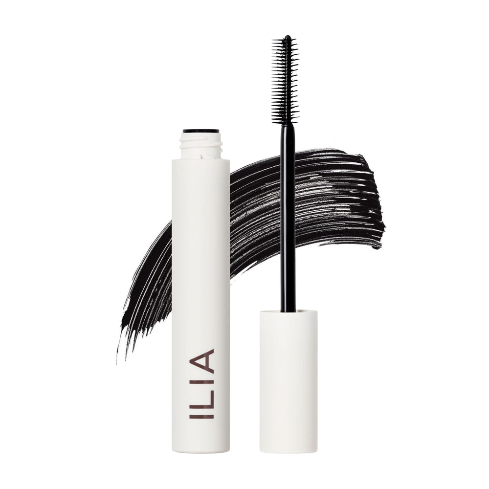 ILIA Limitless Lash Mascara tube closeup, showcasing sleek packaging and rich formula.