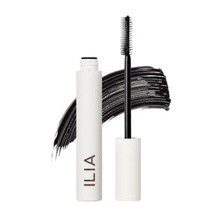 ILIA Limitless Lash Mascara tube closeup, showcasing sleek packaging and rich formula.