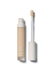 ILIA True Skin Serum Concealer packaging close-up highlighting vegan, cruelty-free branding.