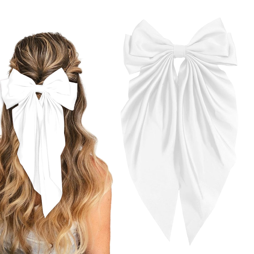 illpta hair bow clip in white satin adds elegant daily styling.