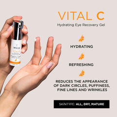 IMAGE Skincare Vital C eye recovery gel tube demonstrates cooling relief for tired eyes.