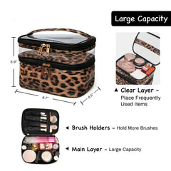 Imerelez leopard cosmetic bag highlighting structured compartments for easy access.