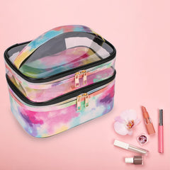 imerelez Tie-Dye Cosmetic Bag open layout reveals transparent top layer for quick access.
