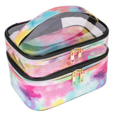 imerelez Tie-Dye Cosmetic Bag top view highlights spacious interior for organizing cosmetics.