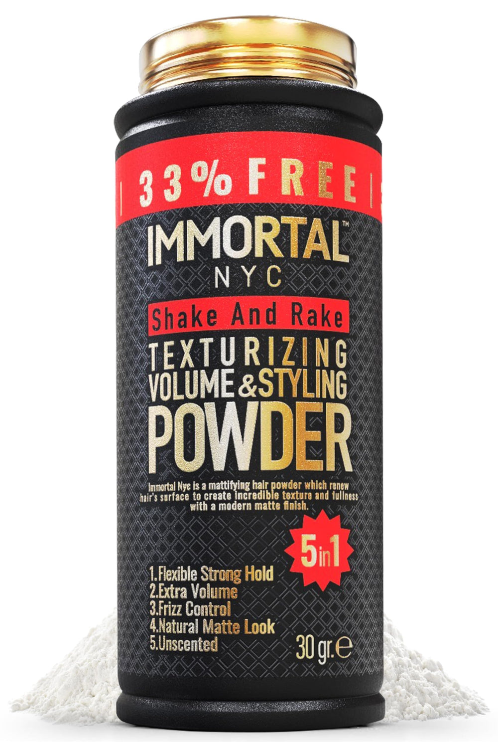 Immortal NYC polvo de volumen, vertido de botella para definición rápida y volumen.