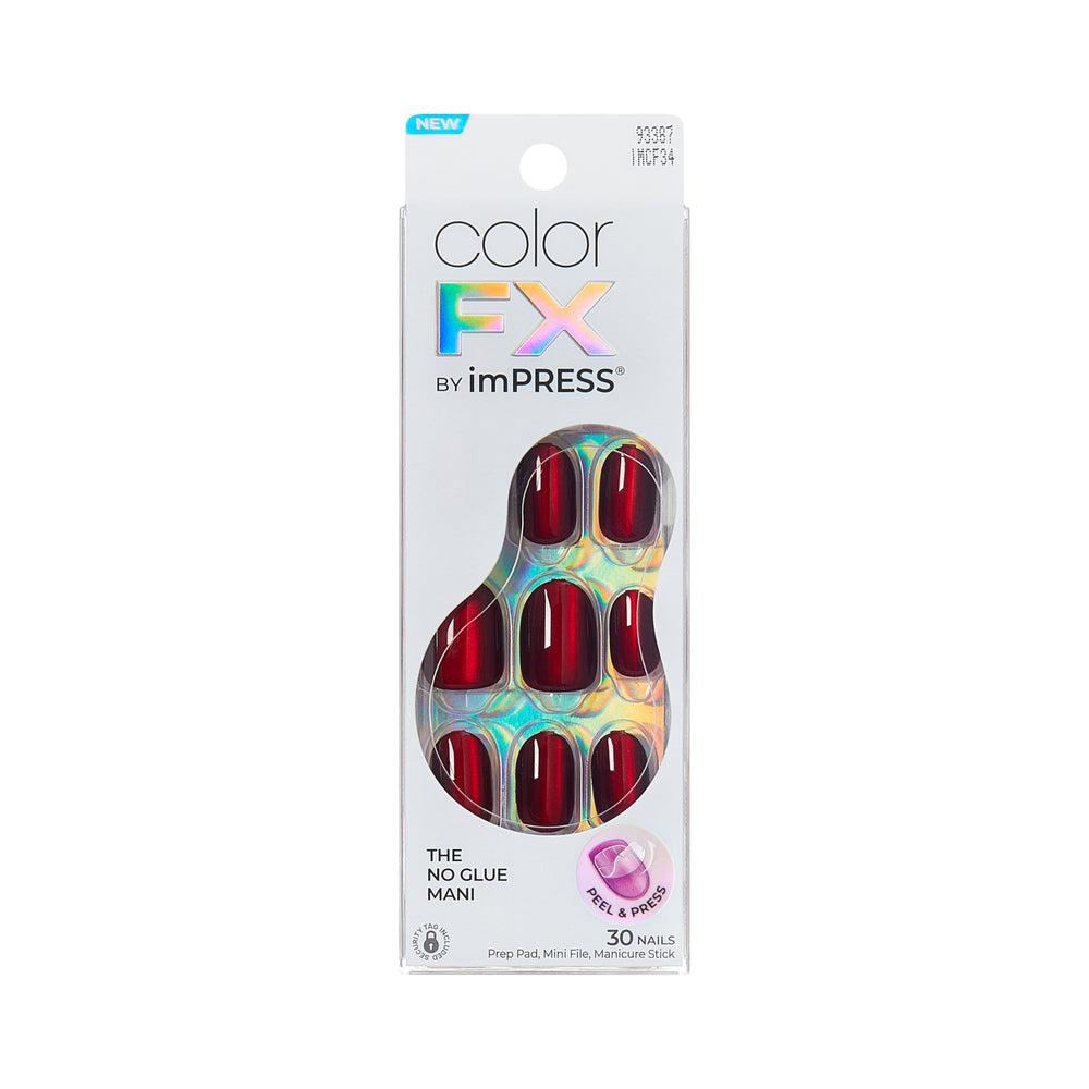 Uñas ColorFX de imPRESS con gema oculta rojas en forma ovalada para uso diario.