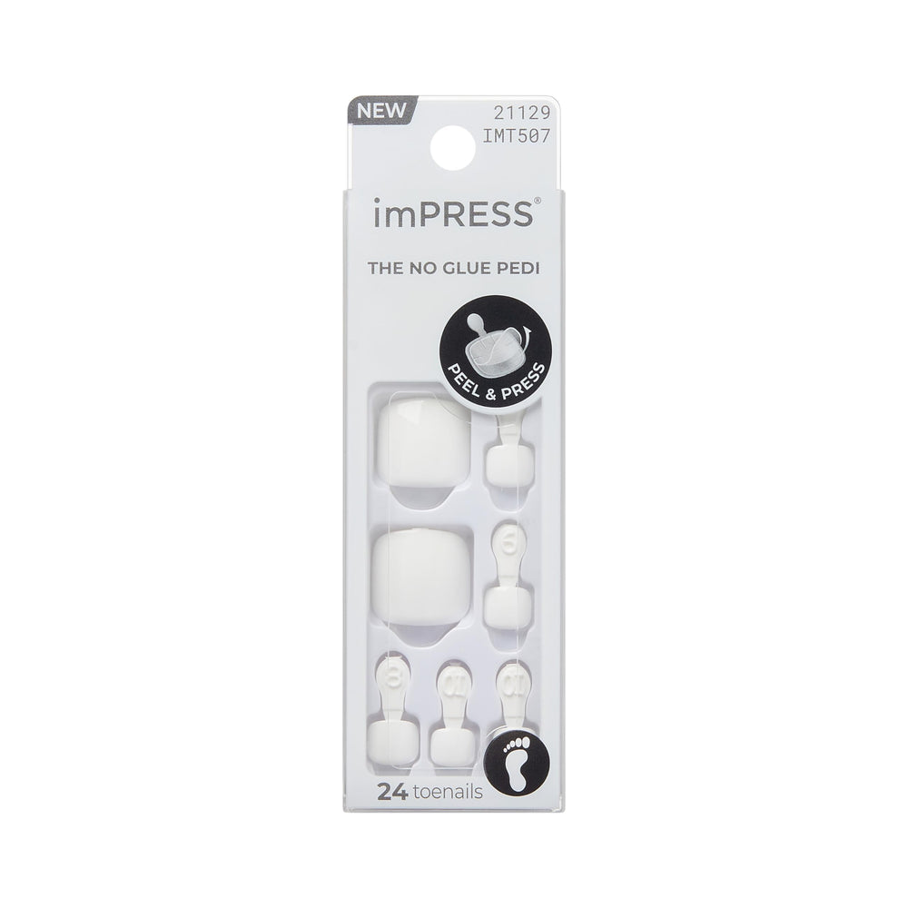 imPRESS Pedicure Angel Vibes, uñas del pie blancas y cortas squoval para look natural