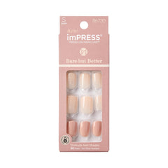 Las uñas imPRESS Simple Pleasure en tono desnudo corto squoval ofrecen ajuste cómodo y natural.