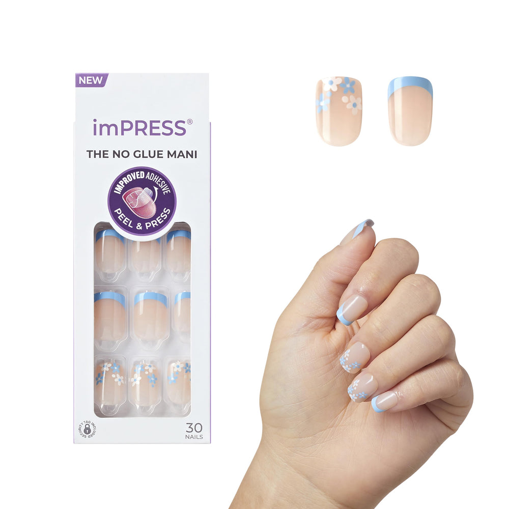 imPRESS No Glue Mani French Snooze Azul, uñas francesas cortas con acabado gel natural.