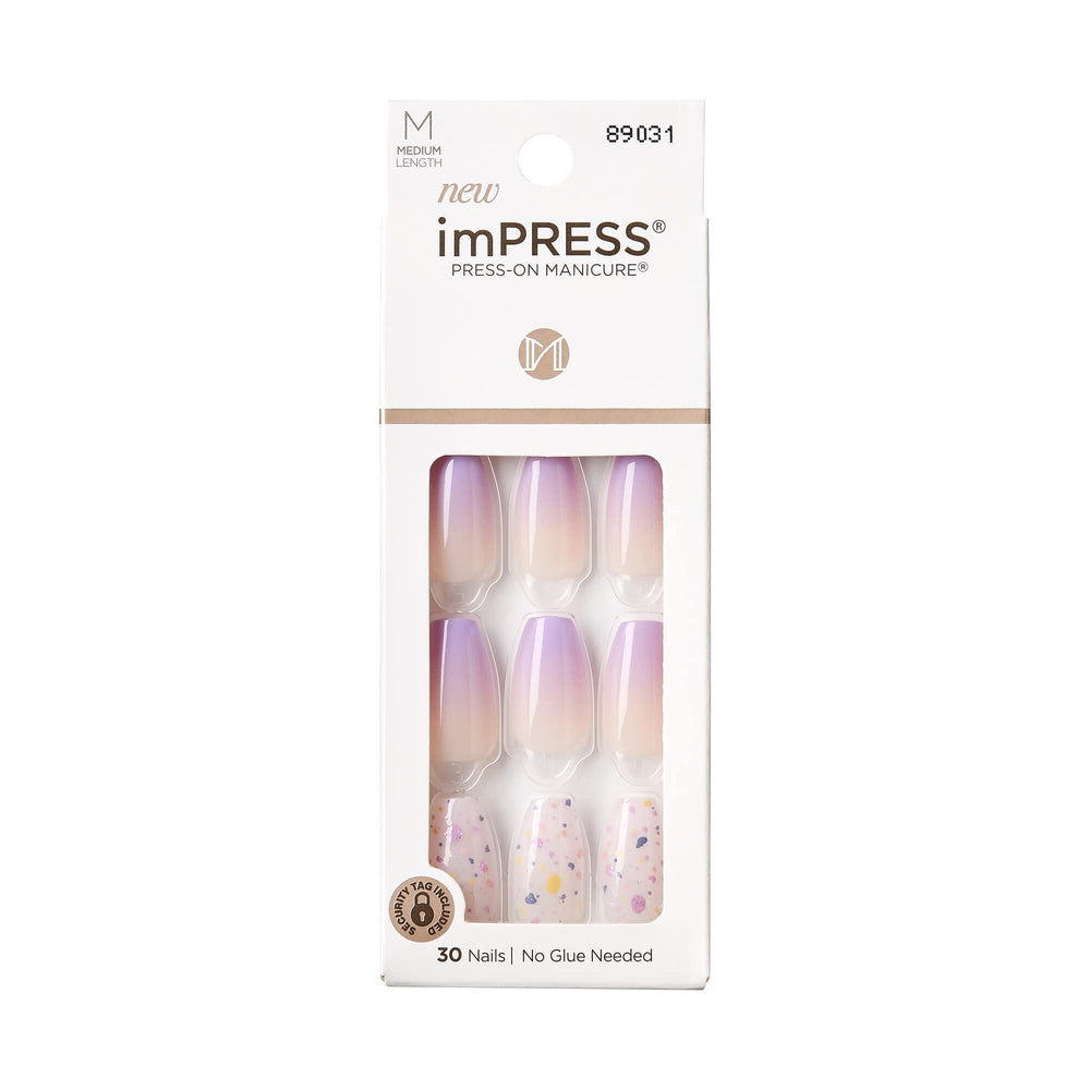 Uñas postizas imPRESS moradas en forma de ataúd, listas para aplicar sin pegamento.