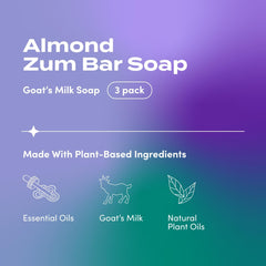 Indigo Wild Zum jabón-leche-cabra con aceites esenciales de almendra, aroma cálido.