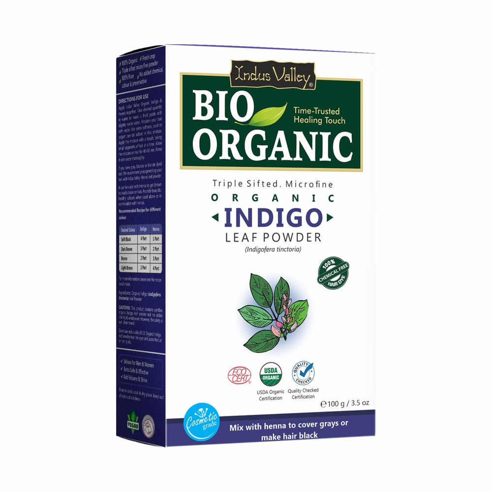 Indus Valley Indigo Powder packaging highlights organic, chemical-free hair dye option