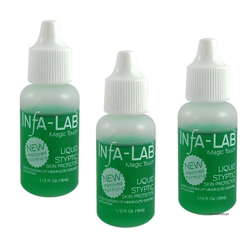 Infalab Magic Touch liquid styptic bottle for precise application to minor nicks, aiding quick bleeding control.