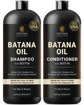 INFINA ESSENTIALS Batana Oil Shampoo bottle promotes gentle cleansing and nourishment.