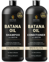 INFINA ESSENTIALS Batana Oil Shampoo bottle promotes gentle cleansing and nourishment.