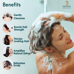 Fórmula con cafeína de INFINA ESSENTIALS Biotin 2-en-1 para estimular suavemente el cuero cabelludo.