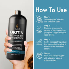 Etiqueta de INFINA ESSENTIALS Biotin 2-en-1 con árbol de té y menta para frescura.