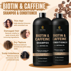 Infina Essentials caffeine biotin conditioner bottle nourishes strands for smoother, more manageable hair.