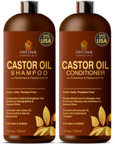 Infina Essentials Castor Oil Shampoo bottle, nourishing scalp-friendly formula for healthier-looking hair.