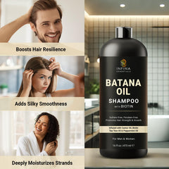 INFINA ESSENTIALS Batana Oil Shampoo: espuma nutritiva que limpia y hidrata el cuero cabelludo.