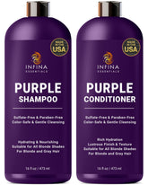 INFINA ESSENTIALS Purple Shampoo bottle pours to reduce brassiness in blonde and gray hair