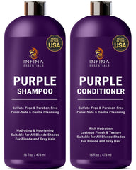 INFINA ESSENTIALS Purple Shampoo bottle pours to reduce brassiness in blonde and gray hair