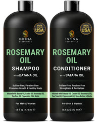 INFINA ESSENTIALS rosemary shampoo bottle highlights rosemary oil for hair vitality