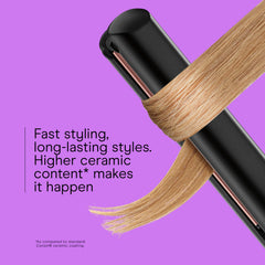 INFINITI PRO BY CONAIR rose gold flat iron extended plates for faster passes.