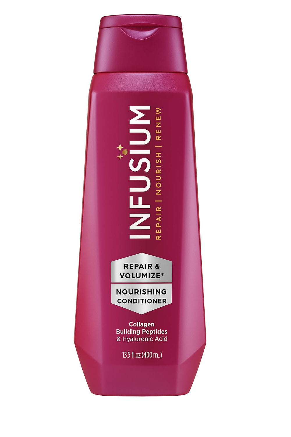 Infusium Repair and Volumize bottle demonstrates voluminous, hydrated hair with collagen