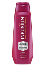 Infusium Repair and Volumize bottle demonstrates voluminous, hydrated hair with collagen