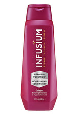 Infusium Repair and Volumize bottle demonstrates voluminous, hydrated hair with collagen