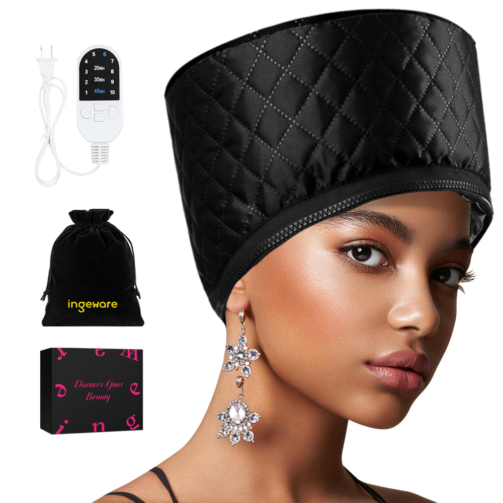 Ingeware heat cap deep-conditioning solid black, front view shows even warmth for treatments.