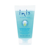 Inis Energy of the Sea bath gel bottle close-up for travel-friendly cleansing.