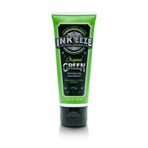 INK-EEZE ungüento verde para tatuajes en envase, apoyo a la piel durante la sesión.