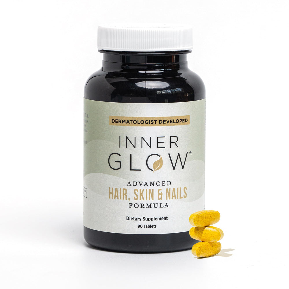 Inner Glow bottle with daily dosage capsules for consistent hair, skin, nails support.