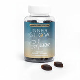 Inner Glow Sol Defense bottle close-up showing sugar-free daily skin resilience support.