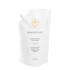 INNERSENSE hydrating cream conditioner bottle in refill pouch for thick hair.