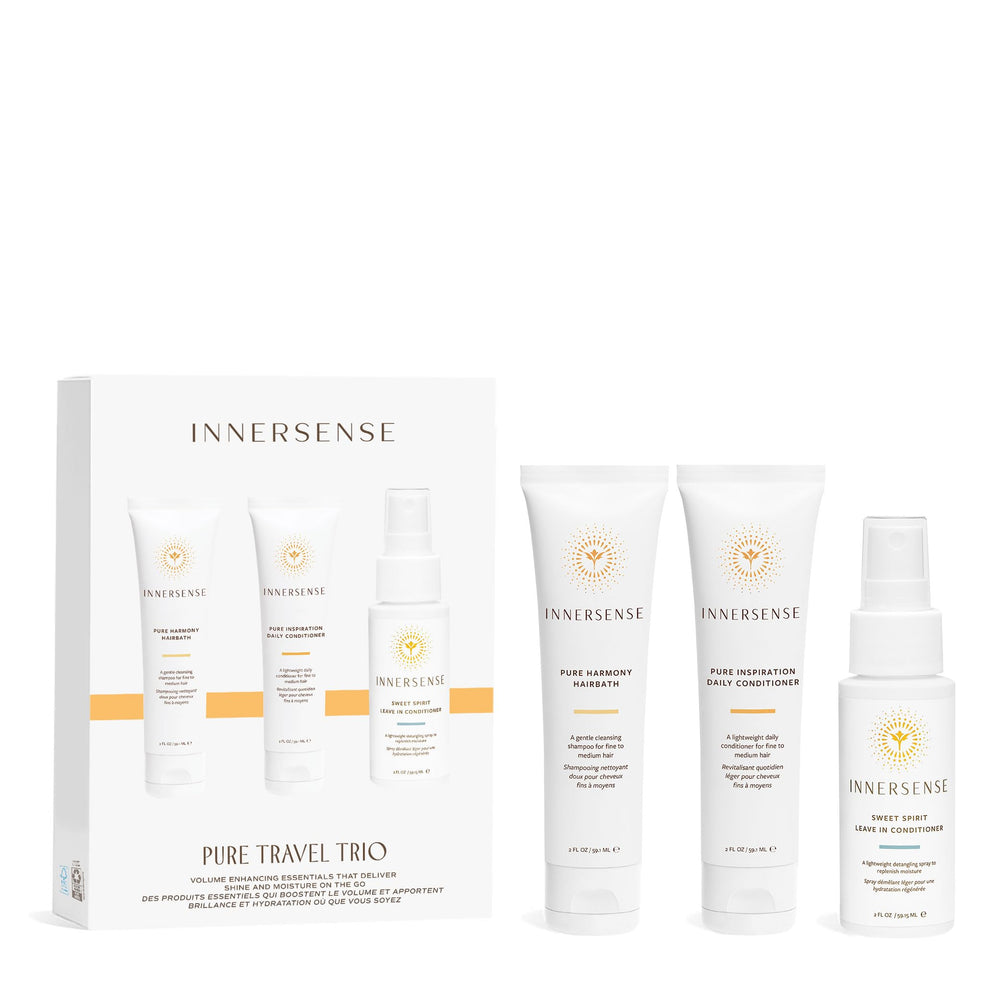 INNERSENSE Pure Harmony Hairbath travel bottle showing sulfate-free cleansing and volume boost