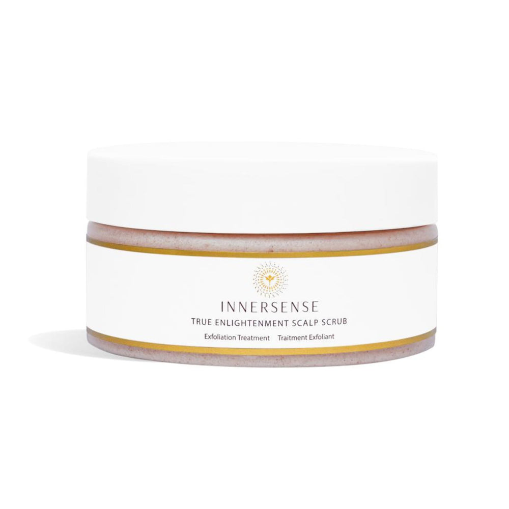 INNERSENSE True Enlightenment Scalp Scrub jar closeup showing gentle exfoliation and clean scalp