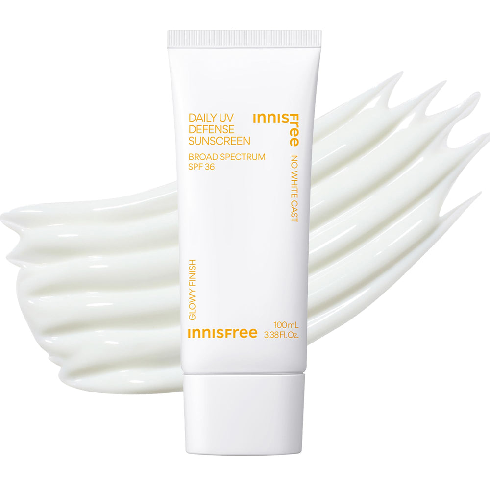 Innisfree Daily UV Defense SPF 36 jumbo bottle on counter for daily protection.