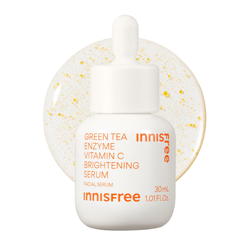 innisfree Green Tea Enzyme Serum bottle highlights brightening potential for radiant skin.