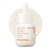 innisfree Green Tea Enzyme Serum bottle highlights brightening potential for radiant skin.