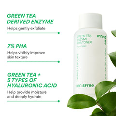 Innisfree Green Tea Enzyme PHA Toner closeup showing smooth skin texture