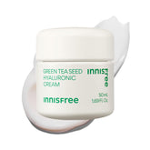 Innisfree Green Tea Seed Hyaluronic Cream jar close-up showing hydrating texture